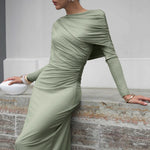 Fall Winter Elegant Long Sleeve Solid Color Knitted Slim Fit Maxi Dress Office Irregular Asymmetric Collar Dress for Women