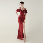 Bead Tube Sequin Heavy Industry Evening Dress Short Sleeve off the Shoulder Deep V Plunge High Slit Fishtail Dress Cocktail Socialite