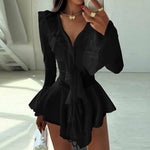 Fall Women Clothing V neck Slim Fit Tied Ruffled Flare Sleeve Dress