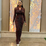Women Clothing Pleated Slim Fit Elegant V neck Hip Dress Long Sleeve Solid Color Street Step Dress