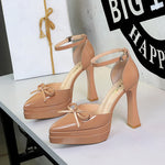 Sexy Double Layer Waterproof Platform Super High Heel Buckle Bow Patent Leather Pointed Toe Hollowed