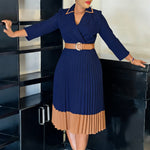 Women Clothing Winter Elegant Elegant Blazers Collar Color Matching Pleated Dress