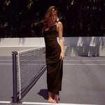 Fashionable All Match Sling Swing Collar Pleating Sheath High Waist Slit Sleeveless Maxi Dress
