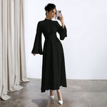 Black Stand up Collar Waist Maxi Dress Women Autumn Winter Long Sleeve Retro Large Bell Sleeve Solid Color Dress