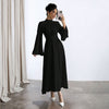 Black Stand up Collar Waist Maxi Dress Women Autumn Winter Long Sleeve Retro Large Bell Sleeve Solid Color Dress