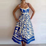 Spring Women Clothing Printing Pleated Waist Tight Large Swing Sling Dress