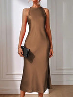 Satin Dress Women Clothing Spring Summer Sleeveless Split Satin Imitation Silk Maxi Dress