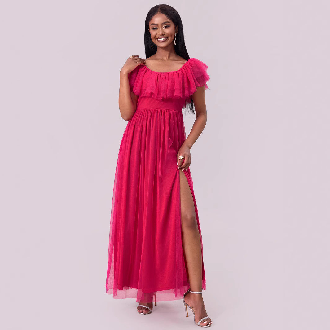 Spring Summer Women Clothing Sexy off Shoulder Tube Top Dress Folding Chiffon Big Hem Dress Maxi Dress