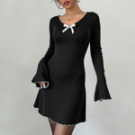 Elegant Hepburn Knitted Black White Contrast Color Bell Sleeve Slim Fit A line Long Sleeve Dress