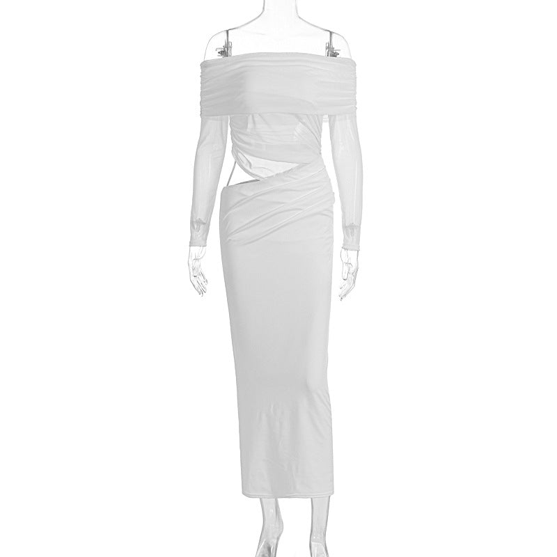 Summer Women Maxi Dress Sexy Mesh Stitching Slim Fit Tube Top Long Sleeve Dress