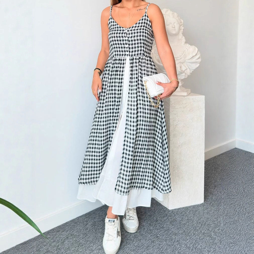 Women V neck Brace Casual Printing Plaid Split Faux Two Pieces Dress