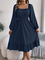 Spring Summer Casual Solid Color Square Collar Long Sleeve Waist Trimming Ruffles A line Dress Women Clothing