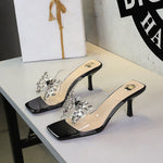 Rhinestone Bow Square Toe Open Toe Slippers Transparent Slip on Stiletto Heel Outdoor Slippers