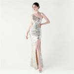 Sexy Slim Hip One Shoulder Diagonal Collar Sequin Gauze Evening Dress The Dinner Party