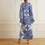 Women Blue White Porcelain Printed off Neck Loose Dress