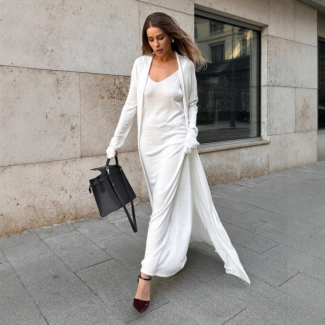 Women Knitted Long Sleeve Cardigan Sling Dress Set Autumn Soft Blouse