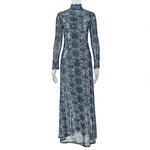 Women Clothing Slim Fit Printed Waist Controlled A line Dress Home Turtleneck Long Sleeve Breathable Dress