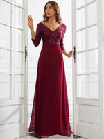 Middle East Women Chiffon Double V neck Dress A line Large Hem Sequin Stitching Evening Dress