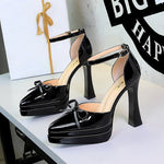Sexy Double Layer Waterproof Platform Super High Heel Buckle Bow Patent Leather Pointed Toe Hollowed
