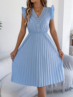 Women Clothing Spring Summer Casual Lace V neck Wooden Ear Cinched Pleated Dress