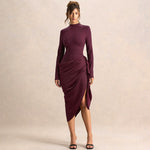 Women Clothing Autumn Winter Elegant Solid Color Waist Tight Irregular Asymmetric Oblique Swing Mid Length Dress