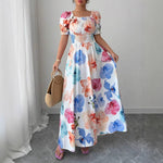 Summer Bubble Sleeve High Waist Tight Waist Women Printed Wear Large Swing Sling Dress