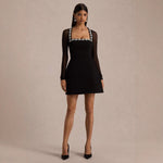 Women Clothing Sexy Mesh Stitching Rhinestone U Collar Black Elegant Dress