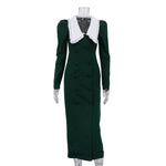 Spring Color Contrast Cardigan Sheath Dress Women Doll Collar Long Sleeve High Waist French Dress