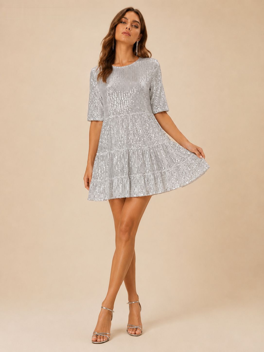 Sequined Short Sleeve A line Dress Cocktail Women Short Dress