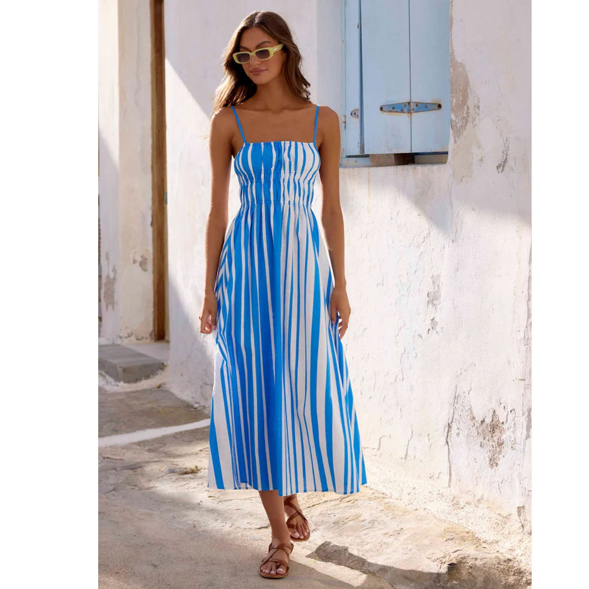 Spring Summer off Neck Striped Waist Trimming Printing Vacation Mid Length Dress
