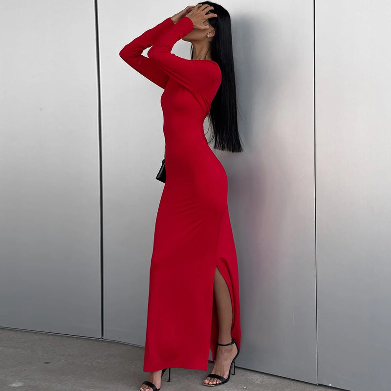 Women Clothing Spring Summer Solid Color Long Sleeve Tight Waist Hip Split Dress Women