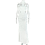 Solid Color Women Slim Fit Chest Wrapped Hip Dress Hanging Collar Sleeveless Split Evening Party Maxi Dress