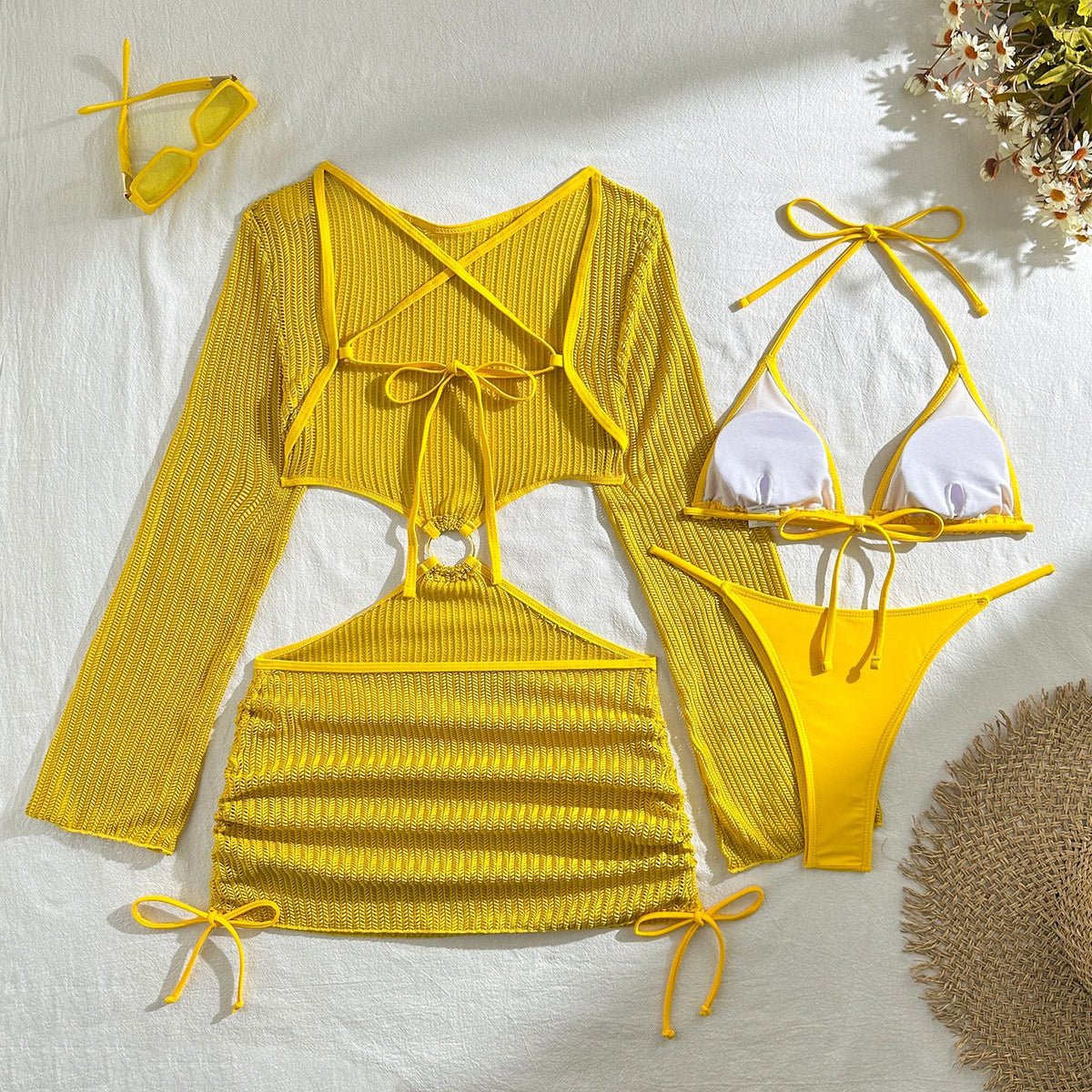 Mesh Sheer Long Sleeve Cover-Up Micro Bikini Female Swimsuit Women Swimwear Three-pieces Bikini Set Bathing Suit Swim Beach Wear