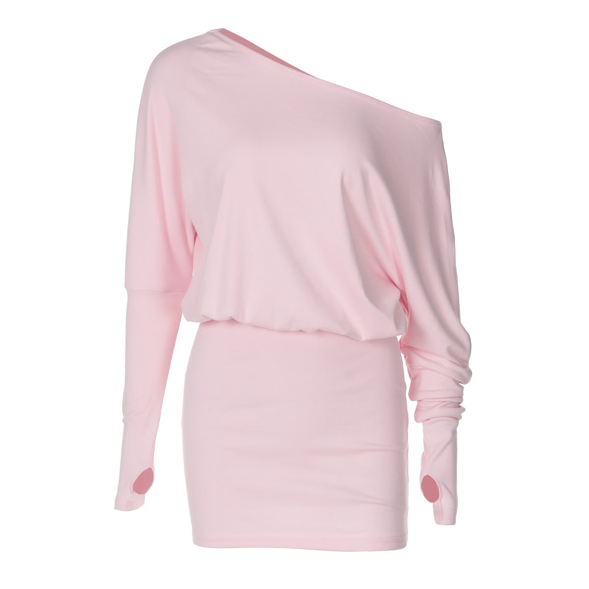 Women Clothing Autumn Personalized One Shoulder Cold Shoulder Long Sleeve Faux Two Piece Waist Slimming Hip