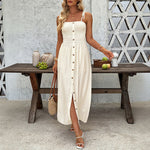French Vacation Slit Solid Color Smocking Cami Dress