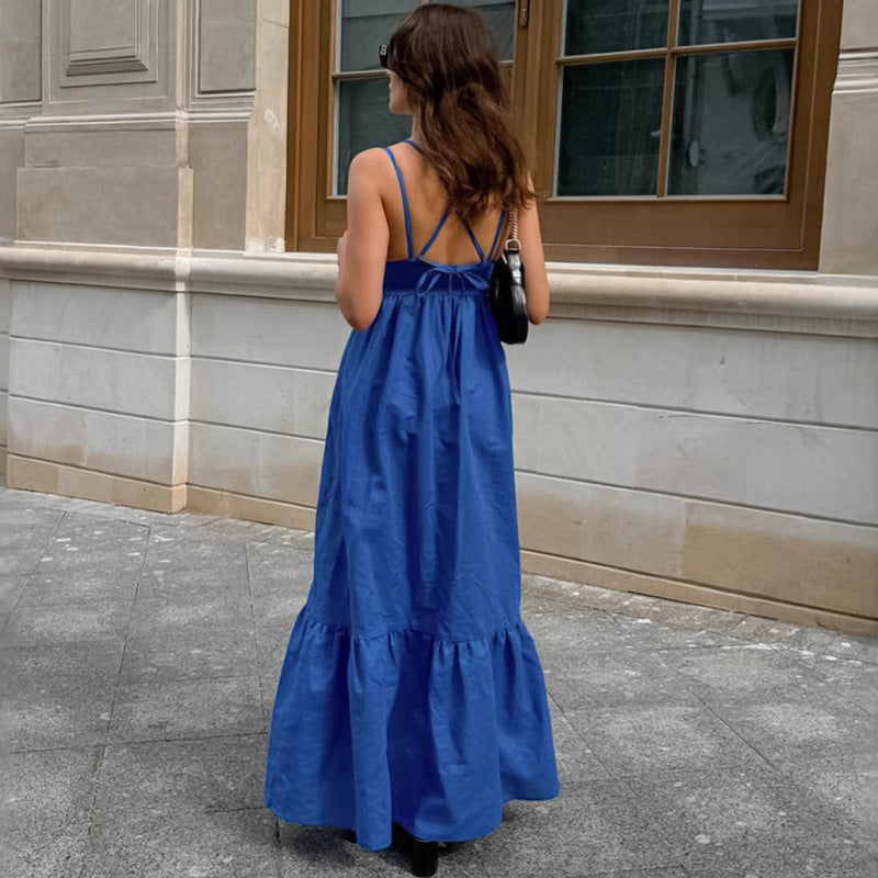 French Vacation Blue Cotton Linen V neck Strap Backless Dress Spring Summer Dress