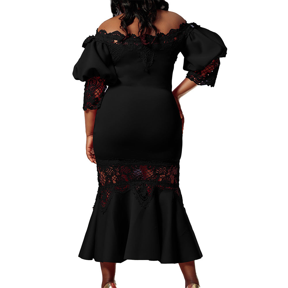 D368 cross-border women's fashion temperament lace off-the-shoulder fishtail party sexy party dress foreign trade dress