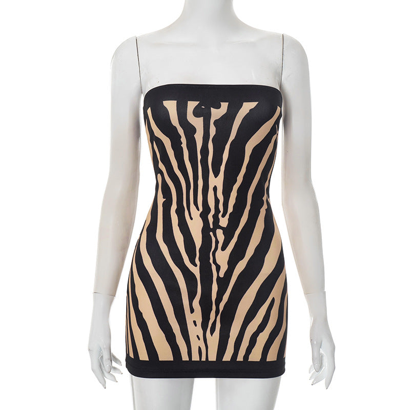 Women Sexy Zebra Print Tube Top Backless Slim A line Dress