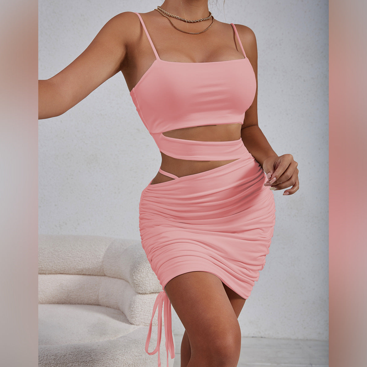 Summer Women Clothes Sexy Hollow Out Cutout out Camisole Pleated Dress