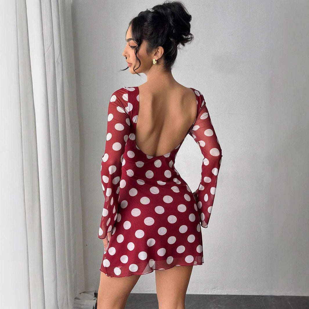 Spring Summer Lady Sexy Polka Dot Backless Mesh Flare Sleeve Mini Dress