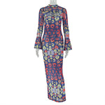 Retro Women Wear Waist Trimming Printing Hip Dress Hollow Out Cutout round Neck Flared Sleeves Maxi Dress