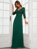 Middle East Women Chiffon Double V neck Dress A line Large Hem Sequin Stitching Evening Dress