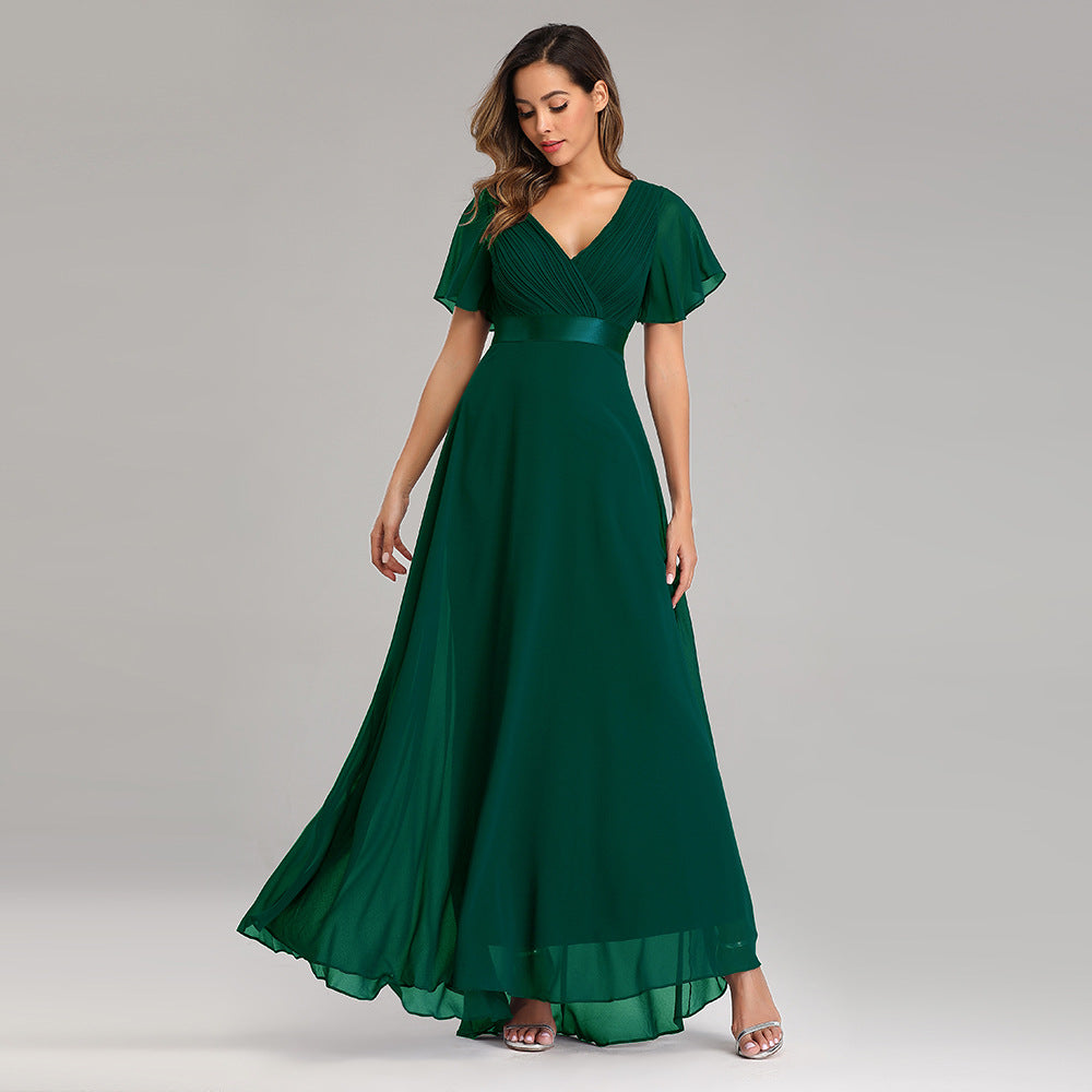 Hand-Folded Large V-neck Dress Chiffon Elastic Banquet Bridesmaid Evening Dress for Women