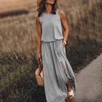 Spring Summer Women Clothing round Neck Sleeveless Dress Split Solid Color Casual Office Dress