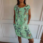 Women Clothing Summer Cotton Linen round Neck Printed with Pocket