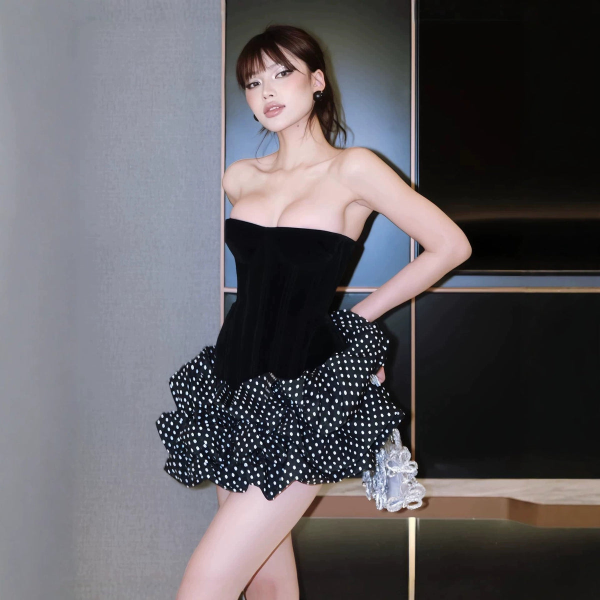 Summer Tube Top Boning Corset Polka Dot Short Dress Women Summer Slim Fit Waist Double Layer Pettiskirt Sweet Cool Birthday Photo