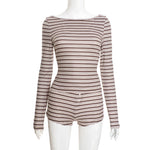 Women Clothing Autumn Winter Elegant Casual Striped Long Sleeved Top Short Shorts Set