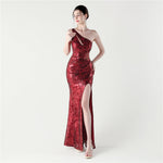Sexy Slim Hip One Shoulder Diagonal Collar Sequin Gauze Evening Dress The Dinner Party