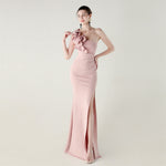 One Shoulder Craft Beading Wave Floral Satin High Slit Sexy Evening Dress Dinner Party Wedding Social