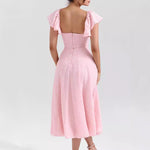 Women Wear Pink Sexy Square Neck Fitted Waist Backless Mid Length Dress French Dress